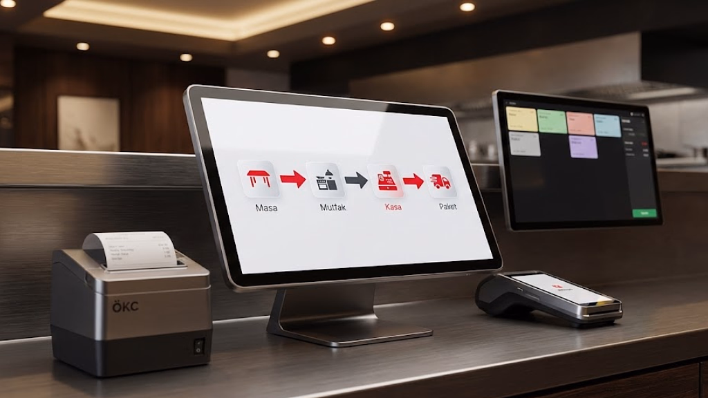 Restoran ve kafe operasyonlarında Masa → Mutfak → Kasa → Paket akışını gösteren yeni nesil ÖKC, POS ve adisyon sisteminin senkron çalıştığı kurulum ekranı